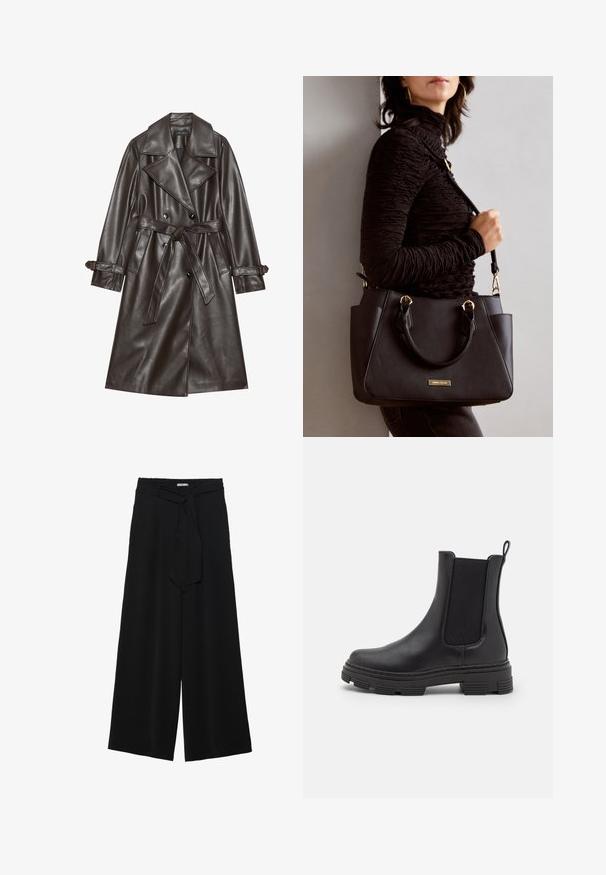 Ruskea tekonahkatrenssi, jossa on kaksoisnapitus edessä, leveät kaulukset, sidottava vyö ja napilliset detaljit hihoissa.; Laivastonsininen ja valkoinen raidallinen pitkähihainen paita, jossa on venepääntie ja kultaiset napit käärittyissä hihoissa. Pehmeä kangas, rento mitoitus.; Mustat leveät housut, joissa on teksturoitu kangas, joustava vyötärö ja irrotettava nauha vyötäröllä säädettävää istuvuutta varten.; Mustat nahka-ankle bootsit, joissa on joustavat sivupaneelit, pyöristetyt varpaat ja teksturoitu kumipohja. Takana on silmukka helppoa pukemista varten.; Musta käsilaukku, jossa on teksturoitu pinta, kaksi yläkantta ja säädettävä olkahihna. Varustettu kultasävyisillä varusteilla ja sivutaskuilla.