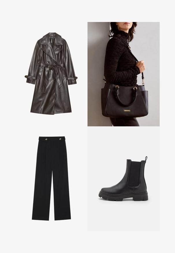 Smeđi kaput od sintetičke kože s dvostrukim prednjim dugmadi, širokim reverima, remenom na vezivanje i dugmadi na rukavima.; Duga majica dugih rukava prugasta u mornarsko plavu i bijelu boju s brodoglavim izrezom i zlatnim gumbima na pojačanim rukavima. Mekani materijal, opušteni kroj.; Crne hlače širokih nogavica s visokim strukom, s dugmadi na pojasu i prednjim nabora.; Crne kožne gležnjače s elastičnim bočnim panelima, zaobljenim prstima i strukturiranom gumenom potplatom. Imaju petlju straga za lakše oblačenje.; Crna torba s teksturiranom površinom, dvostrukim gornjim ručkama i podesivom remenom za rame. Ima zlatne metalne detalje i bočne džepove.