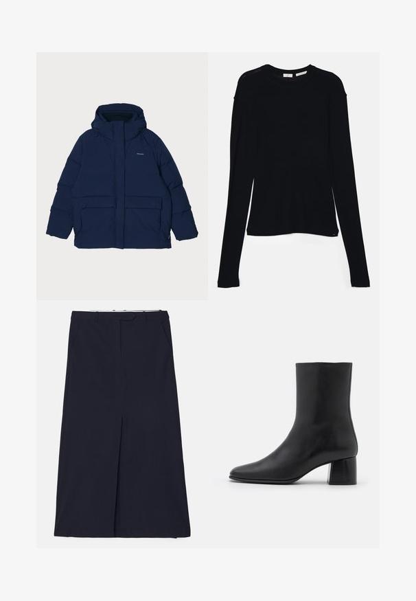 Temno modra napihnjena jakna z velikim kapuco, s sprednjim zadrgo, dvema velikima žepoma na prsih in logotipom na zgornji levi strani.; Črna dolgo rokavna majica iz mehkega blaga, s krogličnim izrezom in sproščenim krojem z bočnimi razpokami na robu za lažje gibanje.; DESIGNERS REMIX SCOTT LONG SKIRT - Dolgo krilo - navy; Črne usnjene gležnjarje s koničastim nosom in masivnim kvadratnim peto. Gladka tekstura z brezšivnim dizajnom in minimalnim šivanjem.