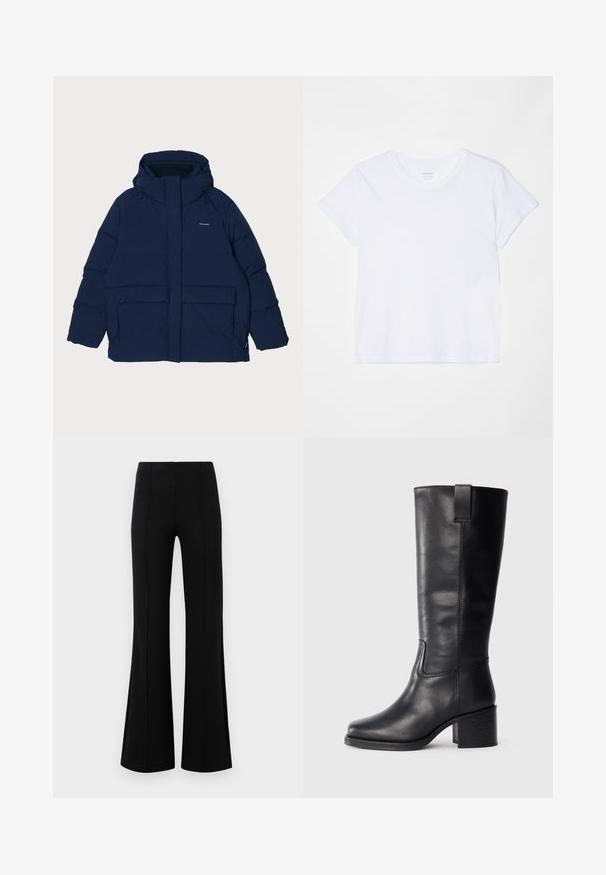 Navy blue puffer jacket with a large hood, featuring a front zipper, two large patch pockets, and a logo on the upper left side.; FRAME BABY TEE - Basic T-shirt - white; Black flared pants with a high waist, made of stretchy fabric. Features vertical seam details on the front and a smooth texture.; Black leather knee-high boots with a smooth texture, square toe, block heel, and side pull tab, featuring minimal stitching details.