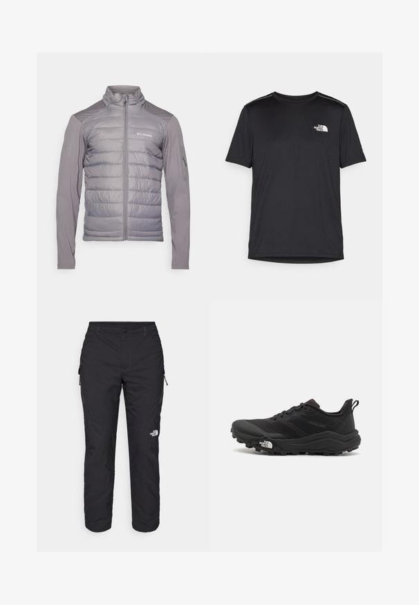 Grå isolert jakke med quiltet front, glatte ermer, høy krage og glidelås-lomme på siden. Har logo på brystet.; Svart kortermet T-skjorte laget av lett materiale. Har en liten hvit logo på venstre bryst og subtile skulderdetaljer.; The North Face WINTER EXPLORATION TAPERED CARGO - Friluftsbukser - black; Svart terrengløpesko med teksturert overdel, gummisåle og forsterket tåhette. Har polstret krage og løftestropp for enkel påkledning.