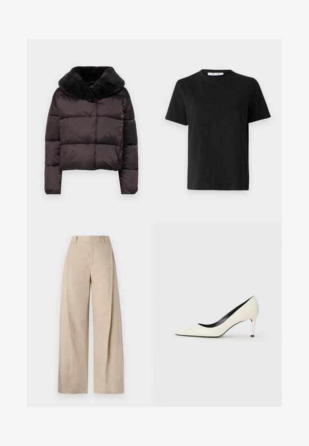 Jachetă puffer neagră, scurtă, cu un guler pufos din blană, având secțiuni matlasate și o textură exterioară netedă și lucioasă.; Tricou negru cu manșon scurt, fabricat din bumbac moale, având un guler rotund, o croială lejeră și o textură netedă. Fără modele sau grafice vizibile.; Pantaloni lejeri din in bej, cu talie înaltă, având o textură netedă și linii curate, concepuți pentru o potrivire relaxată.; Pantofi cu toc înalt din piele patent albă, cu vârf ascuțit, toc subțire și detalii interioare negre. Textură netedă și design elegant.