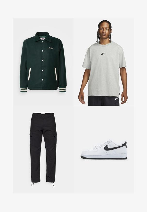 Schott ZACK - Lengva striukė - green; Jaunas žmogus su pintomis plaukomis, vilkintis šviesiai pilką Nike marškinėlį ir juodus Nike šortus, priešais vientisą baltą foną.; Juodos krovinių kelnės, pagamintos iš tvirto audinio, su šoninėmis kišenėmis, lieknu siluetu ir reguliuojamais užtrauktukais ties kulkšnimis.; Baltos odinės sportbačiai su juodu Nike Swoosh, apvalaus toe dizainas, su raišteliais, tekstūruota juoda guma padas ir "Air" iškilti ant kulno.