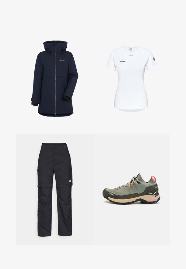 Marinblå vattentät jacka med dragkedja framtill, justerbar huva och elastiska muddar. Har en midjelång passform och en logotyp på bröstet.; Kortärmad vit träningsskjorta med rund halsringning, försedd med en logotyp på bröstet och en slät, lätt tygkvalitet.; Svarta nylonbyxor med avtagbara ben, justerbara muddar, flera fickor och en logotyp på högra benet. Slät, lätt textur.; Lättviktsgrön vandringssko med mesh- och gummimaterial, svart yttersula för bra grepp, rosa och orange detaljer samt förstärkt tåhätta.
