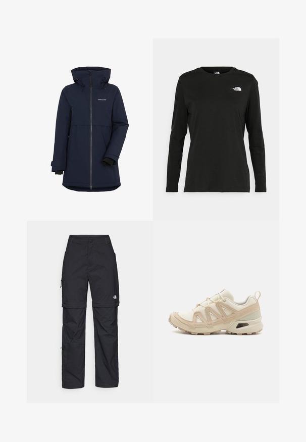 Marineblå vanntett jakke med glidelåslukking foran, justerbar hette og elastiske mansjetter. Har en midt-lengde passform og en logo på brystet.; Svart langermet T-skjorte laget av bomull med rund hals. Har en liten hvit logo på venstre brystområde. Enkelt design og passform.; Svarte nylon cargo-bukser med glidelås og justerbare mansjetter, flere lommer og en logo på høyre bein. Glatt, lett tekstur.; Beige og krem joggesko med teksturert mesh-overdel, støttende overlegg og gummisåle med et mønster for godt grep.
