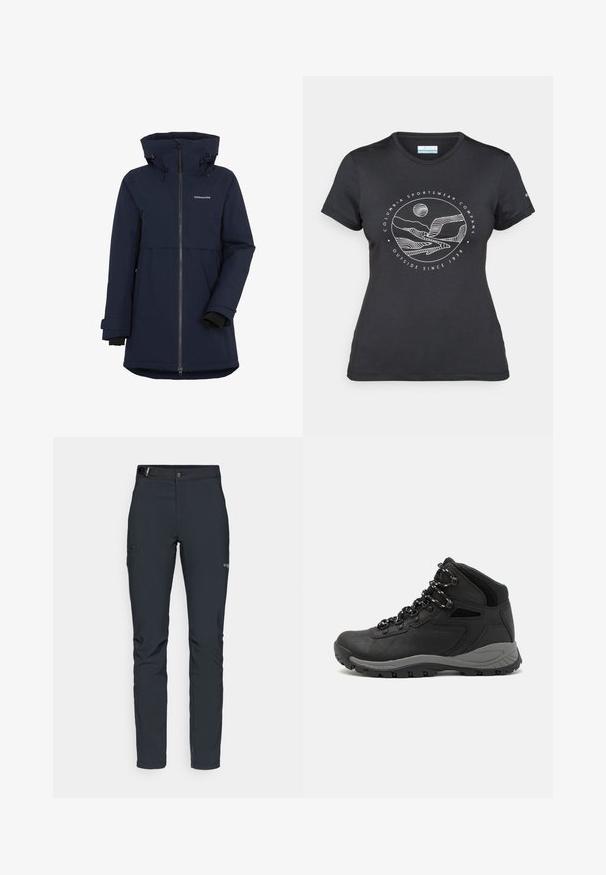 Marineblå vanntett jakke med glidelåslukking foran, justerbar hette og elastiske mansjetter. Har en midt-lengde passform og en logo på brystet.; Svart Columbia t-skjorte med hvit sirkulær fjell- og elvlinjekunst og tekst "Columbia Sportswear Company Outside Since 1938."; Herre utendørsbukser, mørkegrå, laget av fleksibelt materiale, med belte, glidelåslommer og forsterkede sømmer.; Sorte turstøvler med mid-topp design, som har en teksturert overdel, grå detaljer og slitesterk gummisåle med godt grep.