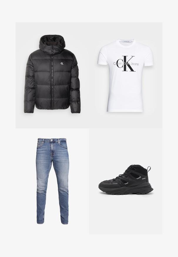 Calvin Klein Jeans ESSENTIALS JACKET - Casaco de penas - black; T-shirt de algodão branco com um logotipo preto "CK" e o texto "Calvin Klein Jeans", com mangas curtas e um decote redondo clássico.; Jeans de ganga azul com um corte slim, cintura média, design de cinco bolsos, lavagem desbotada e leve desgaste na frente e nas costas.; Botas de caminhada pretas com um design em camadas, tecido texturizado e sola de borracha, com áreas reforçadas e atacadores na frente.