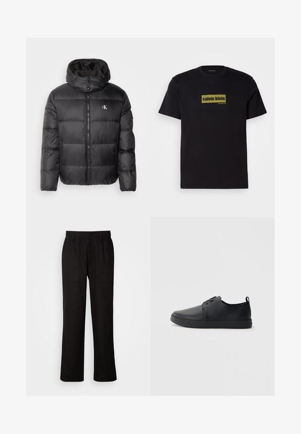 Calvin Klein Jeans ESSENTIALS JACKET - Jachetă cu puf - black; Tricou din bumbac negru cu mâneci scurte, având un logo rectangular verde cu textul "calvin klein" și "new york city" scris cu litere îngroșate.; Pantaloni negri cu o croială lejeră, realizați dintr-un material ușor. Dispun de un tiv elastico, închidere cu nasture și două buzunare frontale.; Sneakers din piele neagră cu un finisaj neted, vârf rotund, cusături tonale, șireturi în față și o talpă plată din cauciuc. Buclă la călcâi.