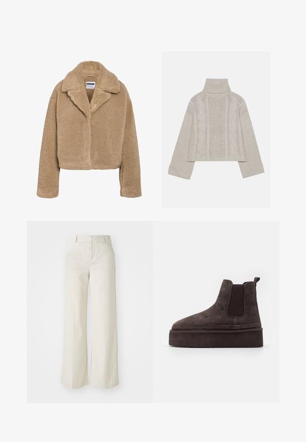 Kuttet beige teddyfrakk med hakket krage, teksturert fleece-materiale og lange ermer. Har skjult frontlukking.; Kuttet, lys grå strikkegenser med høy krage og ribbede mansjetter, med teksturerte kabelmønstre nedover baksiden og sidene.; Bredde bukser i en lys beige farge, laget av et glatt stoff. Har en klassisk linning og flat front med rene linjer.; Brune sømde Chelsea støvler med elastiske sidepaneler og en tykk, teksturert plattformsåle. Har en pull-tab bak for enkel påføring.