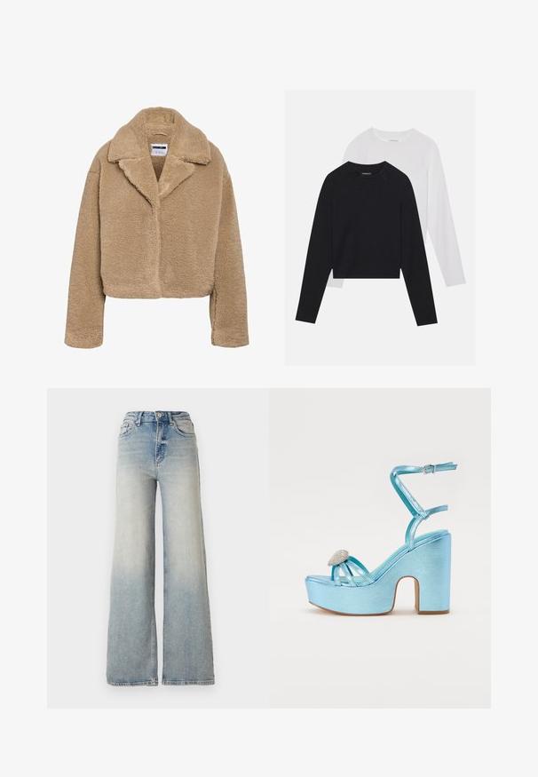 Kuttet beige teddyfrakk med hakket krage, teksturert fleece-materiale og lange ermer. Har skjult frontlukking.; To lange ermerte skjorter: en svart og en hvit. Begge har rund hals, raglanermer og er laget av en myk bomullsblanding.; Lyseblå vide jeans laget av denim, med høy midje, fem lommer og synlige sømmer langs sømmene.; Blå metalliske plattform sandaler med en tykk hæl, med kryssende stropper og en juvelert pynt på tåområdet.