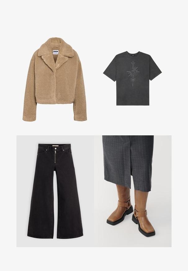 Skraćeni bež teddy kaput s reverom s urezima, texturiranim materijalom od runa i dugim rukavima. Ima skriveno prednje zatvaranje.; Tamno siva oversized majica od pamuka, s centralnom grafikom sunca s složenim linijskim detaljima ispisanim na prednjoj strani.; Široke traperice od crnog denima s prednjim zatvaračem, dizajnom s pet džepova i suptilnim detaljima šivanja. Glatka tekstura i ležeran stil.; Smeđe kožne čizme do koljena s kvadratnim vrhom, crnim gumenim potplatom i detaljima s podesivom kopčom. U kombinaciji s sivoj suknji s prugama.