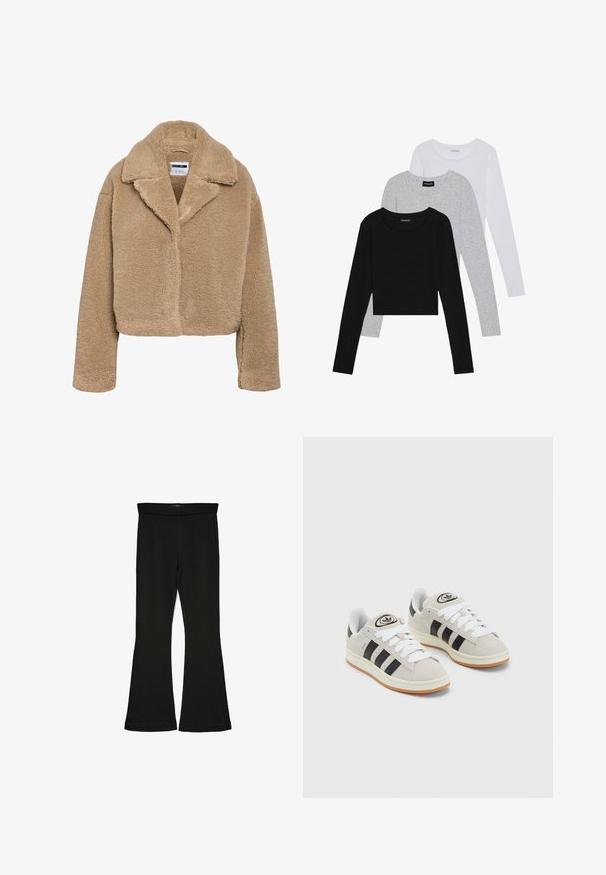 Casaco teddy bege curto com gola de corte invertido, material de lã texturada e mangas compridas. Apresenta um fecho frontal oculto.; Três camisetas de manga longa empilhadas: preta, cinza e branca. Cada uma tem um decote redondo e um design cropped, feitas de um tecido leve e suave.; Leggings pretos em flare feitos de um tecido elástico. Apresentam uma cintura larga e uma textura suave, com um silhueta ajustada que se alarga na bainha.; Tênis de camurça cinza com atacadores brancos, riscas pretas e uma sola de borracha branca. Apresenta um logótipo circular na língua e uma sola de borracha.