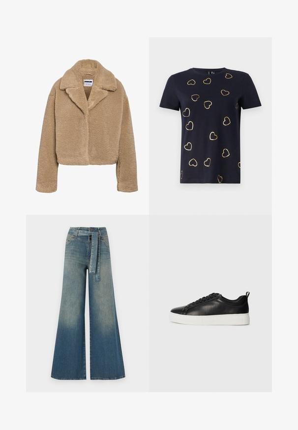 Cropped beige teddy coat with a notched collar, textured fleece material, and long sleeves. Features a hidden front closure.; Navy short-sleeve t-shirt in cotton with gold outlined heart patterns scattered across the fabric. Round neckline. Soft texture.; Wide-leg denim trousers featuring a light to dark blue gradient, high waist, belt loops, and a matching fabric belt. Textured denim finish.; Black low-top leather sneaker with black laces and white thick rubber sole, viewed from the outer side on a white background.