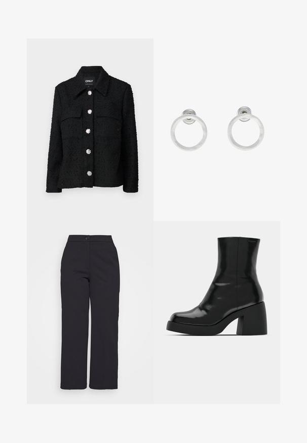 Čierna tkaná bunda s golierom, dvoma vreckami na hrudi a troch ozdobných strieborných kvetových gombíkoch na prednej strane. Mäkká textura a prispôsobený strih.; Even&Odd Petite 2 PACK - Top - light grey/black; Čierne nohavice so širokými nohavicami vyrobené z hladkej látky, s gombíkovým zapínaním a s čistým, upraveným dizajnom bez viditeľných vreciek.; Čierne členkové topánky s lesklým povrchom, štvorcovou špičkou a širokým blokovým opätkom. Dizajn sa vyznačuje bezšvovou siluetou a minimálnym brandingom.; Strieborné kovové náušnice vo forme kruhov s brúsenou textúrou, so zaobleným dizajnom a priehľadným zarážkou pre bezpečné nosenie.