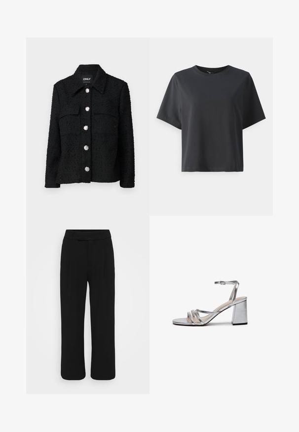 Fekete szövetkabát, gallérral, két mellzsebbel és három dekoratív ezüst virág gombbal elöl. Puha tapintású és testhez simuló szabású.; Fekete pamut póló, rövid ujjú, kerek nyakkivágású, laza szabású, sima textúrájú, egyszerű design, minta vagy kiegészítők nélkül.; Fekete, bőszárú nadrág sima anyagból, lapos elülső résszel, övhurkokkal és látható zsebek nélkül. Tiszta, igényesen szabott dizájn.; Ezüst fémes magassarkú szandál tömbsarkal, vékony bokapánttal és több széles pánttal a lábujjak felett. Simaság jellemzi.