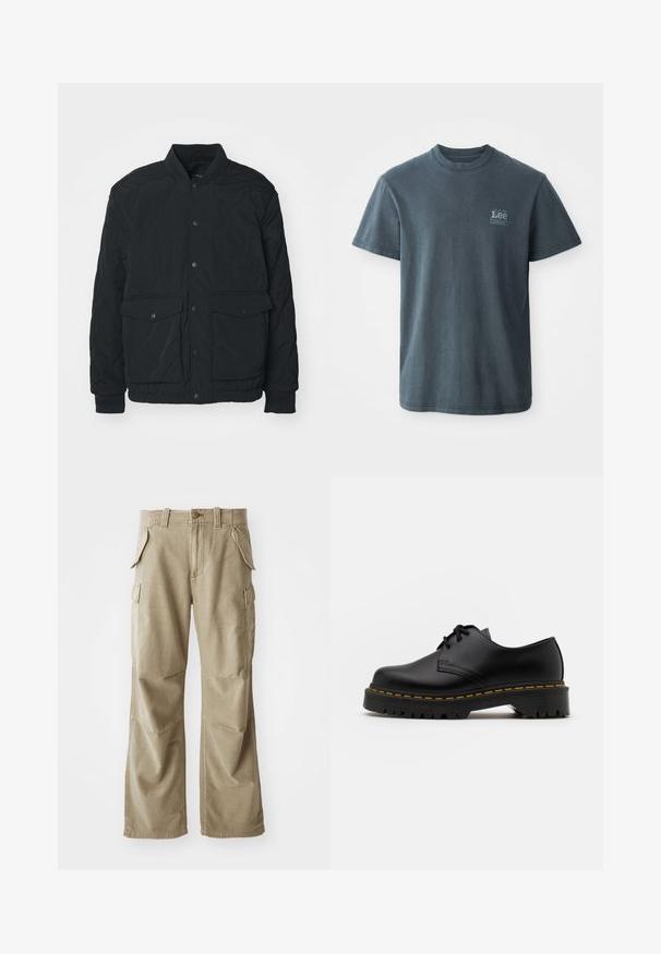 Mustmustritud must jakk ribaga kraega, nööpide ja kahe esikoti ning elastsete varrukatega; omab matist tekstuuri ja kerget disaini.; Tumehallist puuvillast T-särgist, ümar kaelus, lühikesed varrukad ja väike trükitud logo vasakul küljel. Klassikaline lõige ja sirge serv.; Beezid värvi cargo püksid, mis on valmistatud vastupidavast kangast, millel on mugav lõige, mitu külgetaskut ja tugevdustega põlved. Tasane esiosa.; Must musta lesti kingad ümarate varvastega, tekstureeritud kummitald ja kollane õmblus aluse ääres. Lame disain ja sile viimistlus.