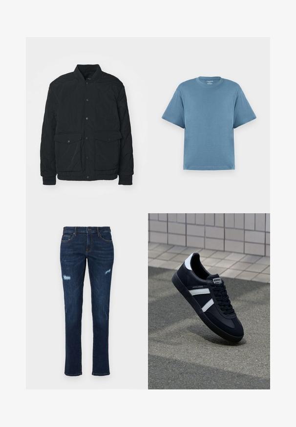 Crna jakna s kockastim uzorkom, rebrastim ovratnikom, dugmadi na kopčanje, dva prednja džepa i elastičnim manžetama; posjeduje mat teksturu i laganu konstrukciju.; Plavi kratki rukav majica, izrađena od pamuka, s okruglim izrezom i opuštenim krojem. Glatka tekstura, minimalistički dizajn, bez uzoraka ili akcenta.; Tamno plavi traperice ravnog kroja s iznošenim rupama na koljenima, tradicionalnim džepovima i vidljivim kontrastnim šavovima.; Crne kožne tenisice s bijelim prugama, strukturirana gumena potplate i vezanjem sprijeda. Ima oznaku brenda na jeziku.