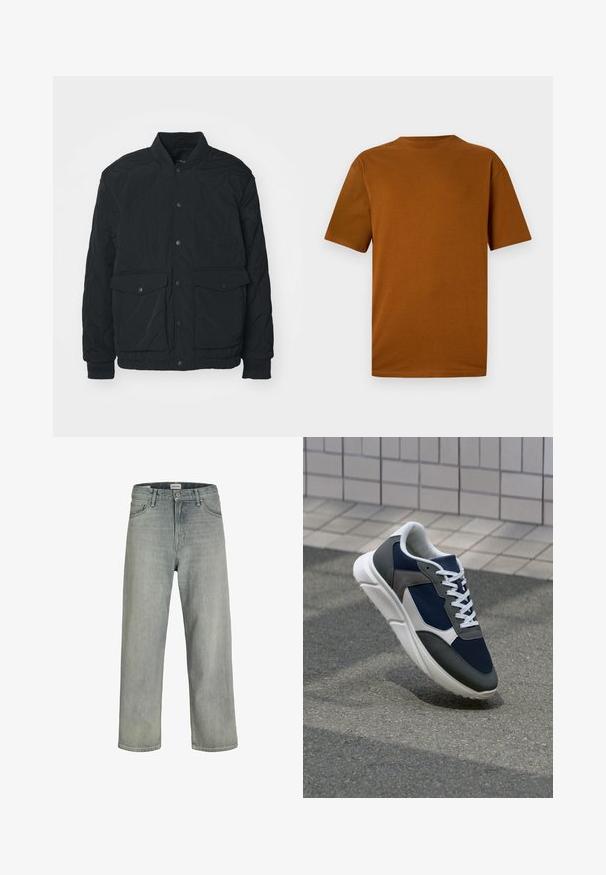 Casaco preto acolchoado com colarinho canelado, botões de pressão, dois bolsos frontais e punhos elásticos; apresenta uma textura mate e um design leve.; T-shirt de manga curta em algodão laranja queimado. Apresenta um decote redondo, um ajuste relaxado e uma textura suave, sem padrões ou acessórios.; Jeans soltos de cor cinza claro feitos de denim. Apresentam um design clássico de cinco bolsos, passadores para cinto e uma silhueta de perna reta.; Sapatilha com parte superior em malha azul-marinho, detalhes em camurça cinza, sola de borracha branca e atacadores brancos planos, projetada para conforto e respirabilidade.