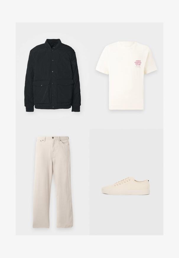 Casaco preto acolchoado com colarinho canelado, botões de pressão, dois bolsos frontais e punhos elásticos; apresenta uma textura mate e um design leve.; T-shirt branca de mangas curtas com o texto vermelho "Edição Originais do Estúdio" no lado esquerdo do peito, apresentada sobre um fundo cinza neutro.; Calças de veludo cotelê bege com um corte reto, apresentando uma textura ribada, design de cinco bolsos e fecho de botão.; Sapatilhas de lona bege com biqueira redonda, sola de borracha plana e atacadores à frente. Apresentam um design minimalista e um detalhe preto contrastante no calcanhar.