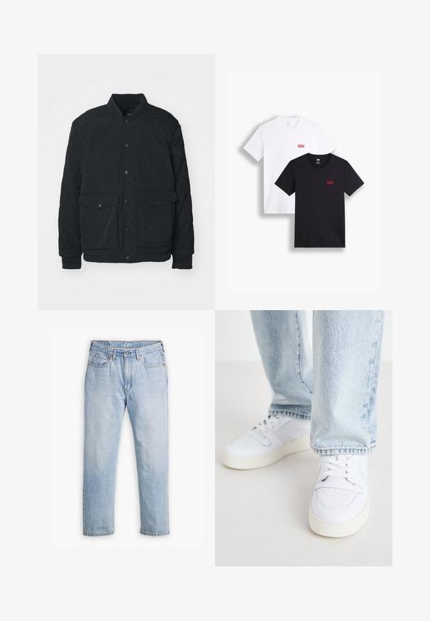 Čierna prešívaná bunda s rebrovaným golierom, patentkami, dvoma prednými vreckami a elastickými manžetami; má matný povrch a ľahký dizajn.; Dvoje tričiek s krátkymi rukávmi: jedny biele a jedny čierne. Obe z bavlny s červeným logom Levi's na hrudi. Jednoduchý dizajn s okrúhlym výstrihom.; Svetlomodré džíny s rovnými nohavicami, štýl s piatimi vreckami a kontrastným šitím. Zapínanie na gombík a zips v páse.; Biele kožené nízke tenisky s perforovanou špičkou, plochými šnúrkami a minimalistickým dizajnom. Skombinované s svetlomodrými džínsami.