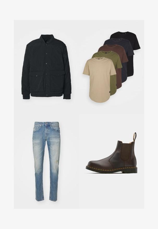 Jachetă neagră matlasată cu guler cu nervuri, nasturi tip snap, două buzunare frontale și mansete elastice; prezintă o textură mată și un design ușor.; Cinco tricouri aranjate în culori gradiente: bej, oliv, marron, albastru închis și negru. Fabricate din bumbac moale, cu mâneci scurte și guler rotund.; Blugi din denim de culoare albastră deschisă cu un finisaj ușor decolorat, ușor deteriorați la genunchi, design drept, stil cu cinci buzunare și închidere cu nasture metalic.; Botine Chelsea din piele maro, cu panouri elastice laterale, toc texturat și cusături galbene contrastante. Prezintă un tab pentru o îmbrăcare ușoară.