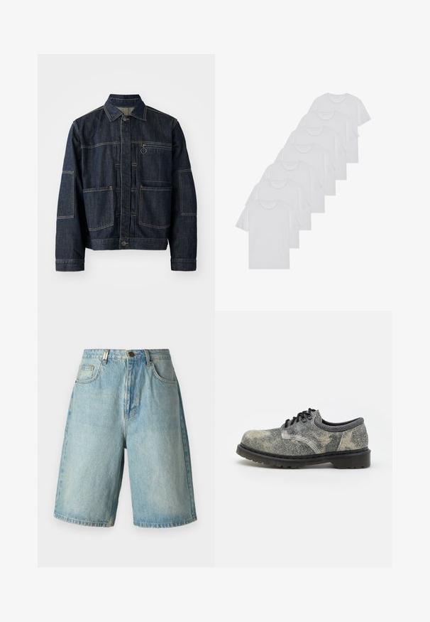 Tmavomodrá džínsová bunda s golierom, predným zapínaním na gombíky, viacerými nášivkovými vreckami a kontrastným šitím.; Biele bavlnené trička, krátke rukávy, dizajn s okrúhlym výstrihom, hladká textúra, naskladané v rade, so subtilným brandingom na výstrihu.; Svetložlté denimové šortky s voľným strihom, prednými vreckami, zapínaním na gombík a bledým umývaním so subtilnými efektami".; Čipková obuv vyrobená z textúrovaného šedého materiálu s čiernymi akcentmi, hrubou gumovou podrážkou a bielymi švíkovými detailmi. Zaoblený dizajn špičky.