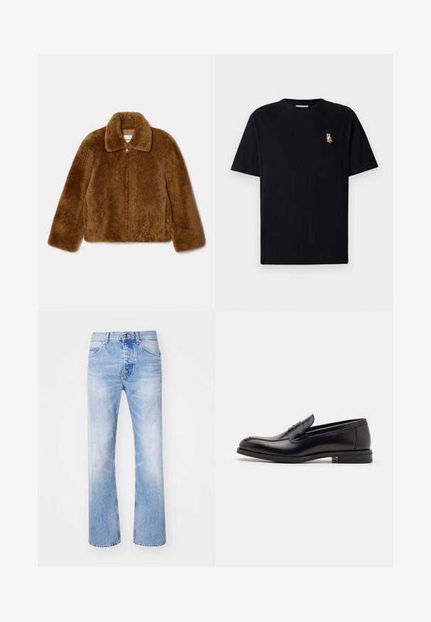 Barna műszőrme dzseki gallérral, cipzáros elülső záródással és hosszú ujjal, puha textúrájú felülettel és laza szabással.; Fekete, rövid ujjú, kerek nyakú póló, bal mellen kis hímzett narancssárga róka logóval.; Világoskék farmernadrág egyenes szárú fazonnal, klasszikus öt zsebes stílussal és enyhe kopott mintázattal.; Fekete bőr loaferek sima textúrával, kerek orral és dekoratív pánttal a vampnál. Alacsony, rétegelt sarkú, minimalista dizájn.