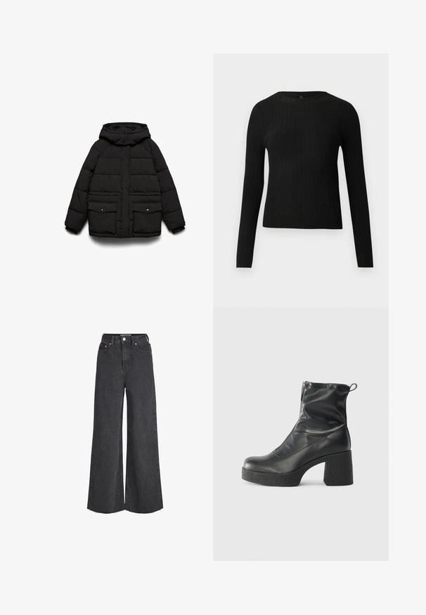 Crna podstavljena jakna s kapuljačom, ima dva prednja džepa, zatvarač i prošivenu strukturu za izolaciju.; Crni rebrasti dugouhasti pripijeni pulover s okruglim izrezom, prikazan na jednostavnoj svijetloj pozadini.; Visokorančaste crne široke traperice s prednjim gumbom i patentnim zatvaračem, pet džepova i sirovim rubom.; Crne gležnjače od glatke kože, s bočnim zatvaračem, debelim teksturiranim potplatom i dizajnom s zaobljenim prstima.