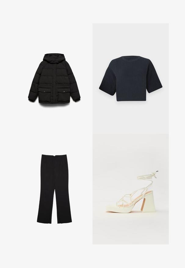 Svart vadderad jacka med huva, utrustad med två framfickor, dragkedja och quiltad textur för isolering.; Mörk marinblå kort stickad tröja med ribbad textur, korta vida ärmar och rund halsringning. Enkelt design, inga synliga mönster eller detaljer.; Svarta byxor med rak passform, utrustade med framfickor och sidoklyvningar vid fållen. Tillverkade av mjukt, slätt tyg. Lämpliga för olika tillfällen.; Vit högklackad sandal med en kraftig klack, med ett remdesign och ankelband. Slät textur med en plattform framtill för ökad höjd.