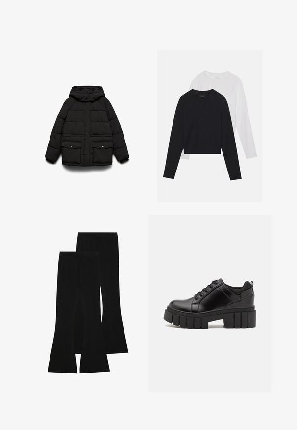 Črna podložena jakna s kapuco, z dvema sprednjima žepoma, z zadrgo in vbodnim vzorcem za izolacijo.; Dve dolge majice z dolgimi rokavi: ena črna in ena bela. Obe imata okroglo ovratnico, raglan rokave in mehko mešanico bombaža.; Črne razširjene hlače iz elastičnega materiala, z visokim pasom in gladko teksturo, prilegajočega dizajna, ki se razširijo od kolena naprej.; Črne usnjene platforme z debelim blokastim petam, okroglo konico in klasičnim vezanjem. Imajo gladko teksturo in minimalne podrobnosti.
