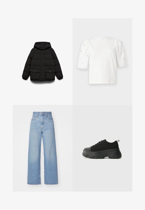 Casaco acolchoado preto com capuz, apresenta dois bolsos frontais, fecho de correr e textura acolchoada para isolamento térmico.; T-shirt branca de algodão com mangas puff curtas, apresentando pequenos embellissements prateados ao longo das mangas. Decote redondo clássico, corte descontraído.; Jeans de cintura alta e perna larga em azul claro, com fecho frontal de botão e zíper, bolsos frontais e traseiros, sobre um fundo branco.; Sneakers pretos com sola de borracha robusta, parte superior de tecido texturizado, bico redondo e design de atacadores. Apresenta ilhós reforçados e uma alça na parte posterior.