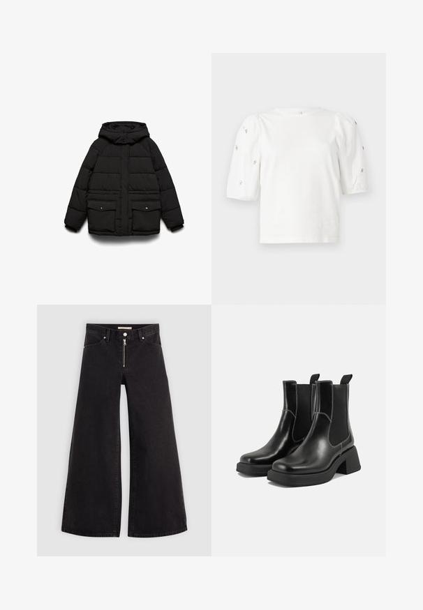 Juoda paminkštinta striukė su gaubtu, turinti du priekinės kišenės, užtrauktuko uždarymą ir siūtais sutvirtintą tekstūrą šilumos izoliacijai.; Balta medvilnės marškinėliai trumpomis pūstomis rankovėmis, papuošti mažomis sidabrinėmis detalėmis ant rankovių. Klasikinis apvalus iškirpimas, laisvas siluetas.; Plačios kojų džinsai iš juodo džinsinio audinio su užtrauktuku priekyje, penkių kišenių dizainu ir subtiliais siuvinėjimo akcentais. Lygus paviršius ir laisvalaikio stilius.; Juodos odinės Chelsea botai su storiu kulnu, elastinėmis šoninėmis panelėmis ir kontrastinga balta siūle. Tekstūruota apdaila.