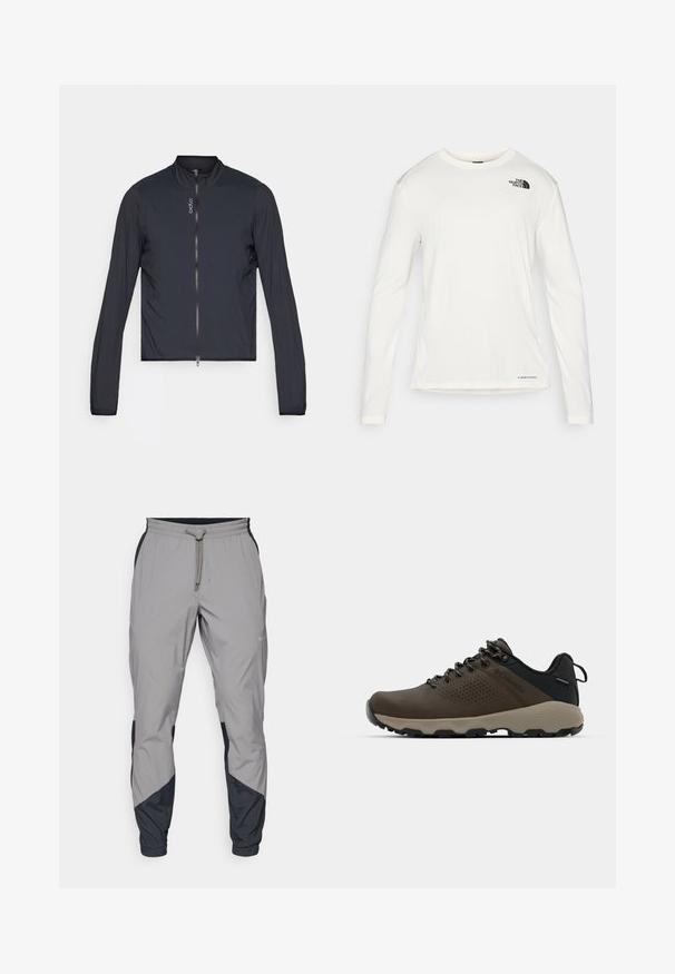 Must ekso, lühikeste varrukatega must jakk, millel on seisev krae ja täispikk tõmblukk. Kerge materjal, millel on sile tekstuur.; Valge pika varrukaga särk ümmarguse kaelusega, tekstuuriga kangas, must logo vasakul õlal ja peen bränding alt. ; Kergedatud hallid sportlikud püksid mustade aktsentidega. Elastne vöökoht, stringiga sulgemine, kitsenev jala disain ja küljetaskud.; Kohandatud veekindlad pruunid spordijalatsid tekstuuriga pealisega, perforatsioonidega detailid, must kandetoetav osa ja hall kummine sisetald. Paelad on metallist otstega.