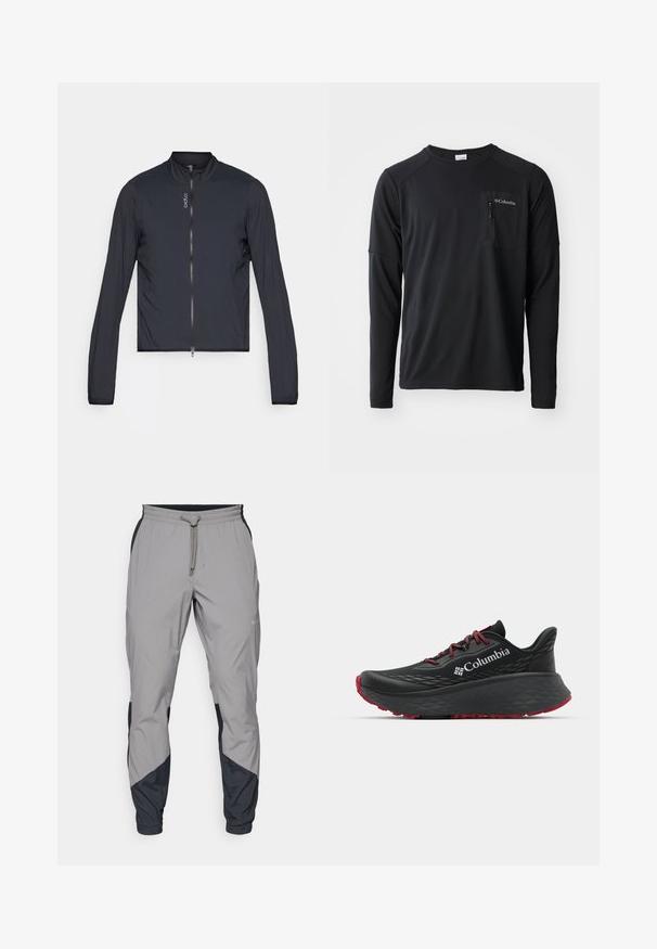 Sort, croppedjakke med lange ærmer, der har en ståkrave og en fuld lynlås. Letvægtsmateriale med en glat tekstur.; Columbia COLUMBIA TECH™ LONG SLEEVE CREW - Langærmet T-shirt - black; Lettere, grå atletiske bukser med sorte detaljer. Elastisk talje, snøre lukning, tapered ben-design og sidelommer.; Sort atletisk sko med struktureret overdel, røde snørebånd og logo. Tykk sål med mønstret bund for godt greb. Minimalistisk design, set fra siden.