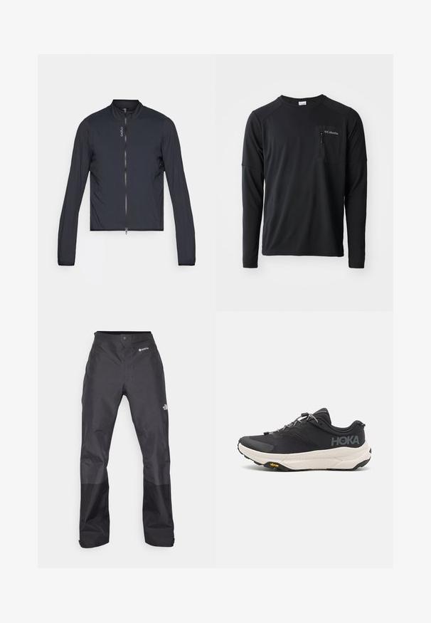 Sort, croppedjakke med lange ærmer, der har en ståkrave og en fuld lynlås. Letvægtsmateriale med en glat tekstur.; Columbia COLUMBIA TECH™ LONG SLEEVE CREW - Langærmet T-shirt - black; Sorte vandtætte bukser med en glat tekstur, der har et GORE-TEX-logo på fronten og forstærkede nederste ben for holdbarhed.; Sort atletisk sko med en tekstureret overdel, grå detaljer, refleksive elementer og en tyk hvid sål med Vibram-branding.