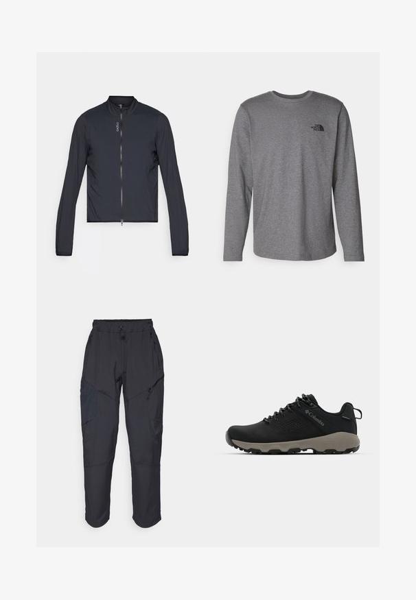 Giacca nera, corta, con maniche lunghe, dotata di colletto rialzato e zip completa. Materiale leggero con una texture liscia.; The North Face M L/S SIMPLE DOME TEE - Maglietta a manica lunga - medium grey heather; Pantaloni cargo neri realizzati in un materiale leggero e resistente all'acqua; presentano una vita elastica, diverse tasche con zip e gambe affusolate.; Scarpa da trekking nera con tomaia liscia, design perforato, suola grigia e tallone rinforzato. Caratterizzata da lacci e un anello per una facile calzata.