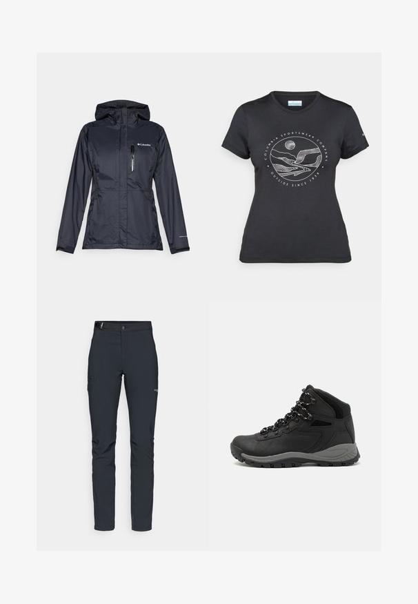 Wasserabweisende Columbia-Jacke in Dunkelblau, ausgestattet mit einer Reißverschluss-Brusttasche, verstellbarer Kapuze und elastischen Bündchen für einen engen Sitz.; Schwarzes Columbia-T-Shirt mit weißer kreisförmiger Berg- und Fluss-Linienkunst und dem Text "Columbia Sportswear Company - Draußen seit 1938."; Herren Outdoor-Hosen, dunkelgrau, aus flexiblem Material, mit einem Gürtel, Reißverschlusstaschen und verstärkten Nähten.; Schwarzer Wanderstiefel mit einem mittelhohen Design, ausgestattet mit einer strukturierten Oberfläche, grauen Akzenten und einer robusten Gummisohle mit Profilstollen.