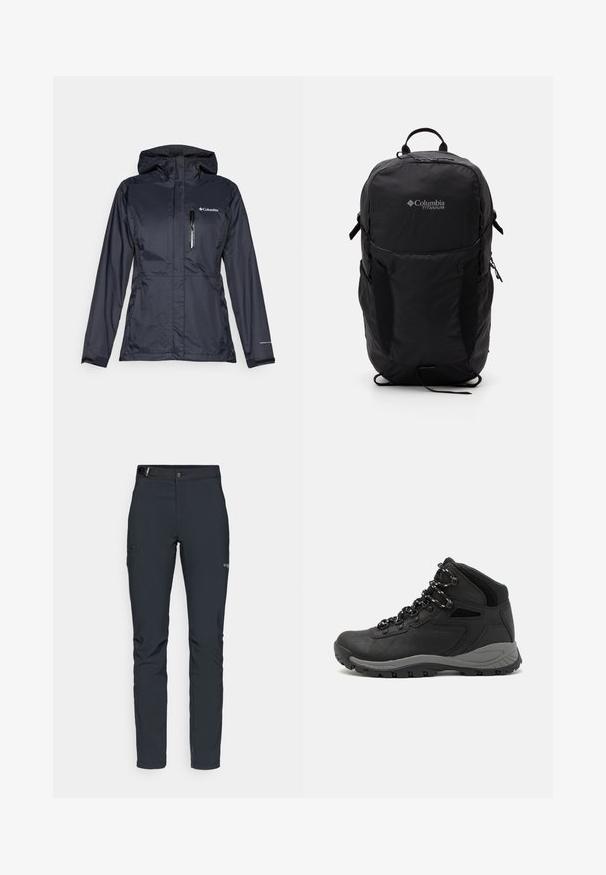 Vodootporna Columbia jakna u tamnoplavoj boji, koja sadrži patentni zatvarač na prsnom džepu, podesivu kapuljaču i elastične manžete za čvrsto prianjanje.; Crna Columbia majica s bijelim kružnim crtežom planine i rijeke te natpisom "Columbia Sportswear Company Outside Since 1938."; Muške outdoor hlače, tamno sive boje, izrađene od fleksibilnog materijala, s remenom, džepovima na patentni zatvarač i ojačanim šavovima.; Crne planinarske čizme s dizajnom srednjeg vrha, sa teksturiranim gornjim dijelom, sivim akcentima i izdržljivom gumom potplatom s uzorkom za prianjanje.; Crna Columbia Titanium ruksak s glatkom tkaninom, bočnim džepovima, gornjom ručkom i podešivim trakama. Minimalistički dizajn s suptilnim brendingom.