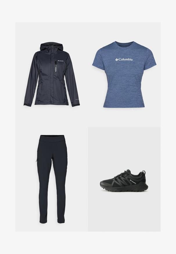 Vanntett Columbia-jakke i mørkeblått, med glidelåslomme på brystet, justerbar hette og elastiske mansjetter for en tettsittende passform.; Blå kortermet t-skjorte laget av teksturert stoff, med en hvit Columbia-logo på brystet, rund hals og tettsittende design.; Svarte joggebukser med slim fit, elastisk midjebånd og en sidelomme med glidelås. Glatt, elastisk stoff med minimalt med sømmer.; Columbia PEAKFREAK - Fjellsko - black