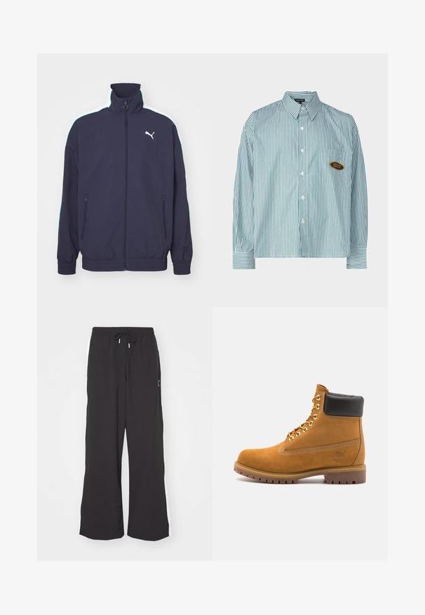 Námornická bunda s vysokým límcem, předním zipem, bočními kapsami a kontrastními bílými a mátově zelenými pruhy na ramenou. Obsahuje akcent s logem.; Kaotiko UNISEX - Košile - green; Černé široké teplákové kalhoty s elastickým pasem a šňůrkou na stažení. Obsahují bílé boční pruhy a dvě boční kapsy. Hladký povrch.; Hnědé semišové kotníkové boty s černým polstrovaným límcem, zlatými kovovými očky, bílým prošíváním a odolnou gumovou podrážkou s výraznými drážkami.