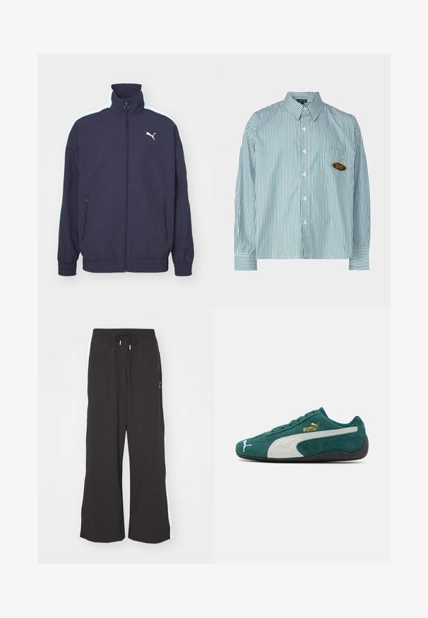 Šviesiai mėlynas švarkas su aukštu apykakle, priekyje užtrauktukas, šoniniai kišeniai ir kontrastingos baltos ir mėtų žalios juostos ant pečių. Yra logotipo akcentas.; Kaotiko UNISEX - Marškiniai - green; Juodi platūs sportiniai kelnės su elastingu juosmeniu ir raišteliu. Turėtų baltas šonines juosteles ir dvi šonines kišenes. Sklandus paviršius.; Žali suediniai sportbačiai su baltais ir pilkais akcentais, tekstūruotas paviršius, plokščia guminė padas ir auksinė logotipo detalė šone.