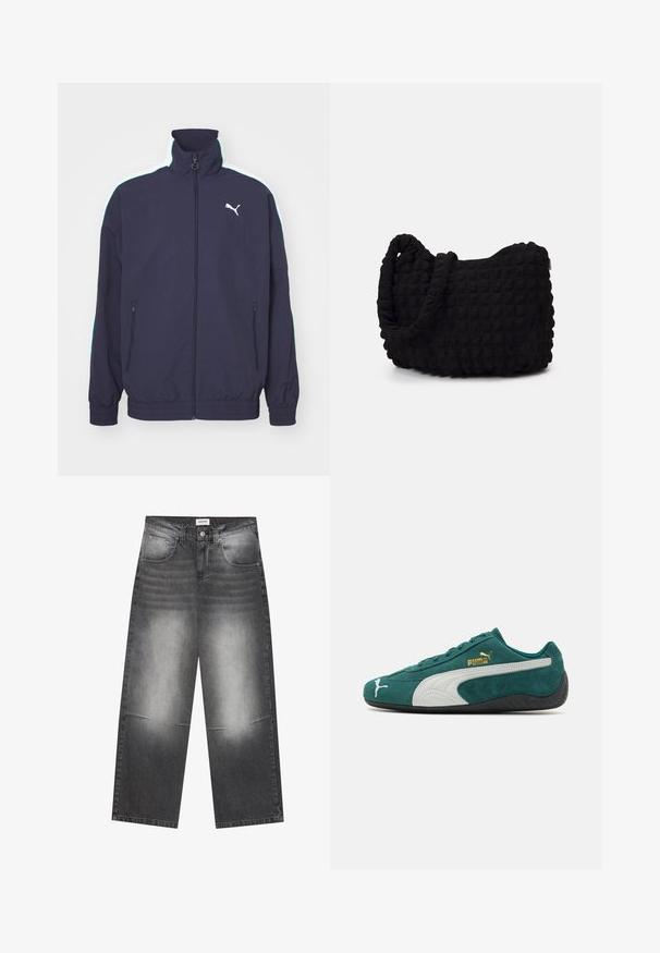 Laivaston takki, jossa on korkea kaulus, etuvetoketju, sivutaskut ja kontrastivärit valkoisena ja mintunvihreänä harteilla. Korostaa logoa.; Valkoinen puuvillahihaton T-paita, jossa on pyöreä kaula-aukko ja lyhyet hihat. Ominaisuudet suorassa leikkauksessa ja brändinimi "WEEKDAY" printattuna kauluksen sisäpuolelle.; Lahti mustat farkut, joissa on leveä lahje ja haalistunut harmaa viimeistely, edessä taskut, napitus ja lievää kulumista polvissa.; Vihreä mokkakenkä, jossa on valkoisia ja harmaita yksityiskohtia, teksturoitu pinta, litteä kumipohja ja kultaiset logo-yksityiskohdat sivussa.; Musta kangaspussi, jossa on teksturoitu, tikkikuvio. Pyöreä muoto, lyhyet, paksut kahvat ja pehmeä, joustava rakenne.