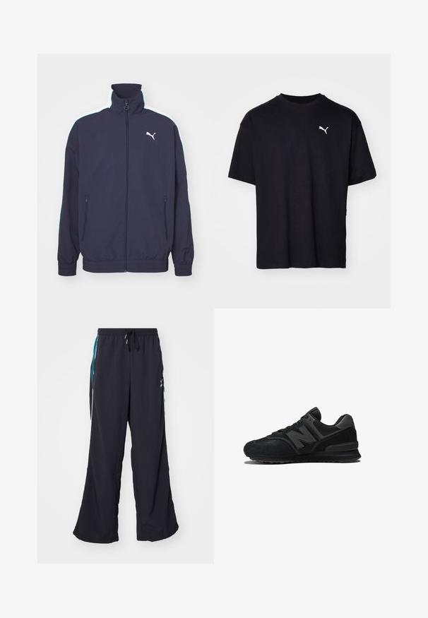 Giacca navy con colletto alto, apertura frontale con zip, tasche laterali e strisce bianche e verde menta a contrasto sulle spalle. Presenta un accento con logo.; T-shirt in cotone nero con maniche corte, scollatura rotonda e logo Puma bianco sul lato sinistro del petto. Vestibilità classica, texture morbida.; Puma PLAY PARIS TRACK PANTS - Pantaloni sportivi - black; Sneaker nera con parte superiore in camoscio e rete, suola spessa e logo 'N' prominente di lato. Design testurizzato con chiusura a lacci.