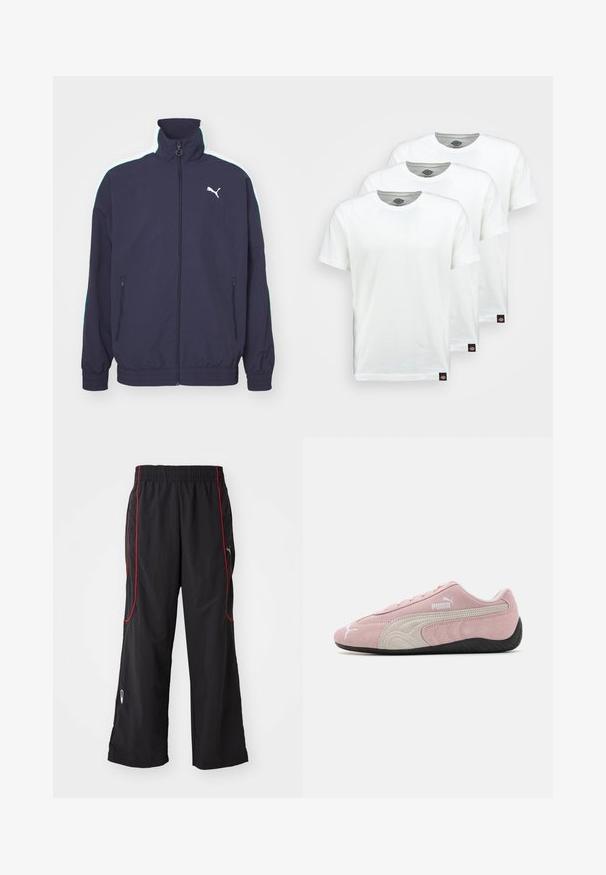 Tengerészkék dzseki magas gallérral, elülső cipzárral, oldalsó zsebekkel, és kontrasztos fehér és menta zöld csíkokkal a vállakon. Jellemzője a logós díszítés.; Három sima fehér pamut póló rövid ujjakkal. Mindegyik pólón kerek nyakkivágás található, és a bal oldalon egy kis fekete logó címke van.; Fekete sportnadrág elasztikus derékkal, piros oldalsó dekorációval, cipzáras zsebekkel és laza szabással. Könnyű, texturált anyagból készült.; Rózsaszín velúr sneaker szürke részletekkel, áramvonalas dizájnnal, texturált felső résszel és fekete gumitalppal. Oldalán a Puma logó látható.