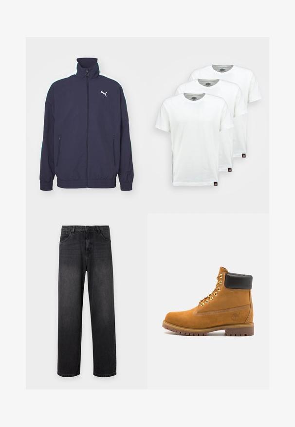 Šviesiai mėlynas švarkas su aukštu apykakle, priekyje užtrauktukas, šoniniai kišeniai ir kontrastingos baltos ir mėtų žalios juostos ant pečių. Yra logotipo akcentas.; Trys paprasti balti medvilniniai marškiniai trumpomis rankovėmis. Kiekvienas marškinys turi apvalų kaklo iškirpimą ir mažą juodą logotipo etiketę kairėje pusėje.; Tamsiai pilki džinsai su tiesiomis kojomis, turintys užtrauktuko kišenę, penkias kišenes ir subtilius išblukimo akcentus audinyje.; Tan spalvą turintys suknelės batus iki kulkšnies su juodu paminkštintu apvadu, auksiniais metaliniais akių užsegimais, baltais siūlų dekoratyviniais elementais ir tvirtu guminiu padu su ryškiai išreikštais raštais.