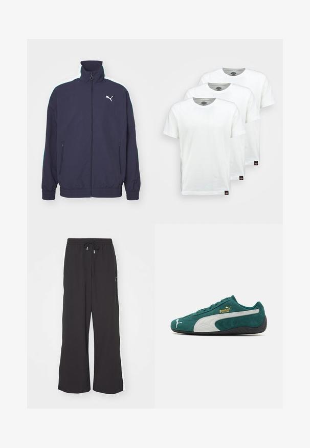Navy jacket with a high collar, front zip, side pockets, and contrasting white and mint green stripes on the shoulders. Features logo accent.; Three plain white cotton t-shirts with short sleeves. Each shirt features a round neckline and a small black logo tag on the left side.; Black wide-leg sweatpants with an elastic waistband and drawstring. Features white side stripes and two side pockets. Smooth texture.; Green suede sneaker with white and gray accents, textured surface, flat rubber sole, and gold logo detailing on the side.