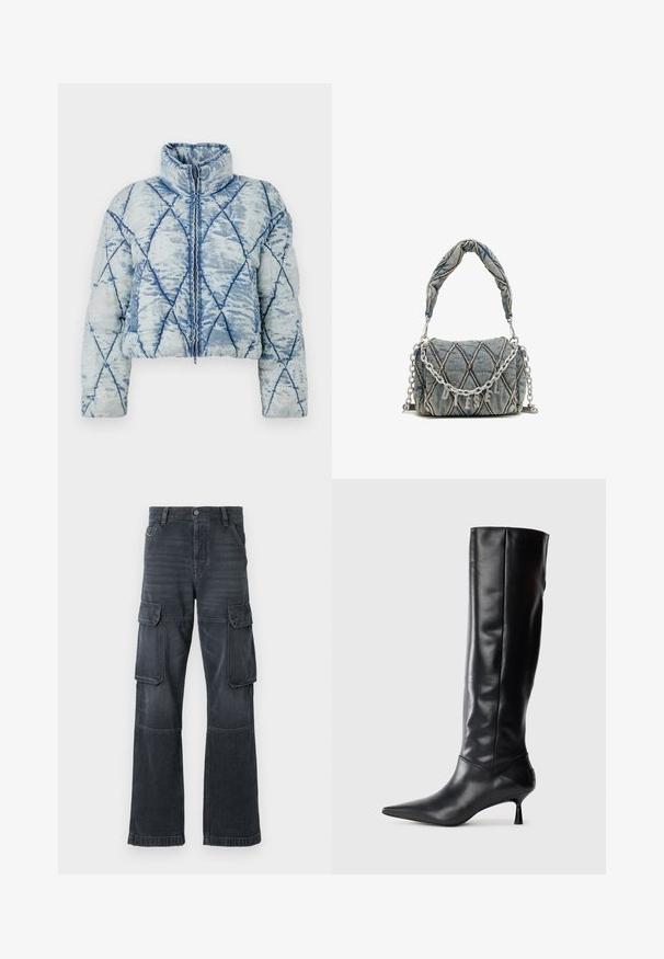 Gaiši zila, iešūta pūkainā jaka ar dimantu rakstu, augstu apkakli, garām piedurknēm un centrālo rāvējslēdzēju.; Balta īsroku T-krekls no ribota auduma, ar apaļu kakla izgriezumu un sudraba logotipu uz krūtīm.; Tumši pelēki kravas džinsi, kas izgatavoti no denima, ar divām sānu kabatām un platām kājām. Šūtas detaļas gar šuvēm un malām.; Melnas ādas ceļgala augstuma zābaki ar norādītu purngalu un plānu izliekumu papēdi. Gluda tekstūra, pieguļošs dizains un bez redzamām detaļām vai rakstiem.; Denim soma ar izšūtu rakstu, zila krāsa, īsa sapītas rokturis un sudraba ķēdes siksna ar metālisku zīmola uzrakstu.