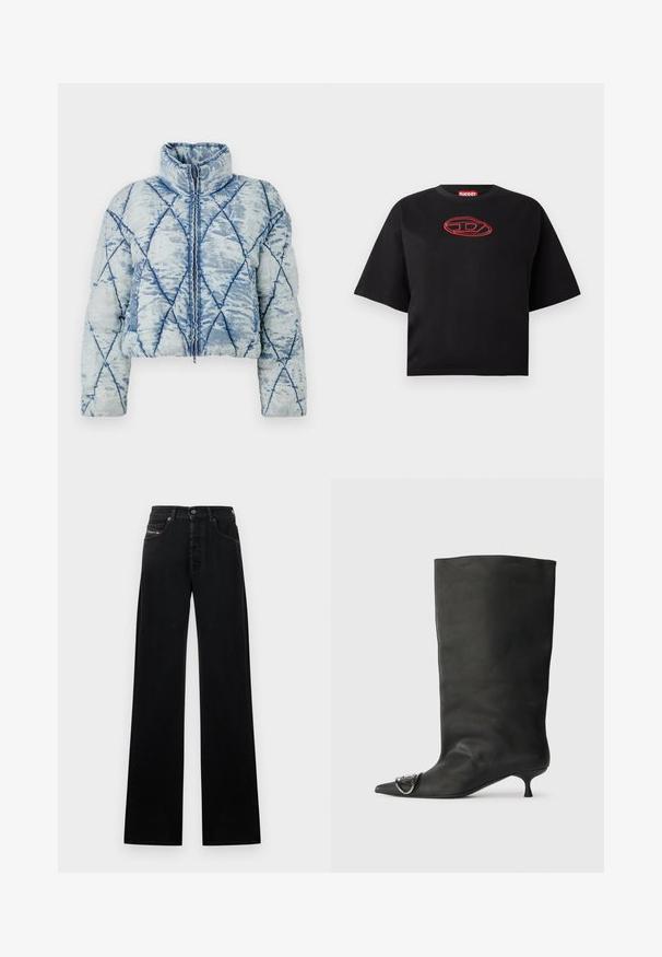 Šviesiai mėlynas pieštas pūkuotas švarkas su deimanto raštu, aukštu apykakle, ilgomis rankovėmis ir centriniais užtrauktukais.; Juodas trumpas rankovėmis apkirptas marškinėliai su raudonu siuvinėtu ovaliu logotipu, esančiu centriniame krūtinės plote.; Įvairaus pločio juodi džinsai iš džinso audinio, su priekiniais mygtukais, penkiomis kišenėmis ir mažu logotipo lopeliu ant liemens.; Juodas odinis kulkšninis batas su smailiu pirštu, maža pakulne ir metaline akcentu ant piršto. Lygus, matinio paviršiaus tekstūra visame batus.