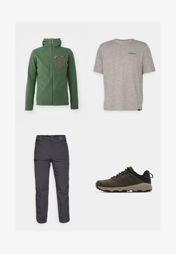 Patagonia M'S R1 AIR HOODY - Φλις μπουφάν - torrey pine green; Γκρι κοντομάνικο T-shirt φτιαγμένο από μαλακό, υφασματοποιημένο υλικό με μικρό μπλε λογότυπο Patagonia στο αριστερό στήθος. Χωρίς επιπλέον μοτίβα.; Σκούρες γκρι παν trousers από ανθεκτικό ύφασμα, με τσέπη με φερμουάρ, ευθεία γραμμή και θηλιές για ζώνη για ρυθμιζόμενη εφαρμογή.; Καφέ αδιάβροχα αθλητικά παπούτσια με υφασμάτινη επάνω επιφάνεια, διατρήσεις, μαύρη στήριξη στη φτέρνα και γκρι ελαστική σόλα. Οι κορδόνες είναι διακοσμημένες με μεταλλικές άκρες.
