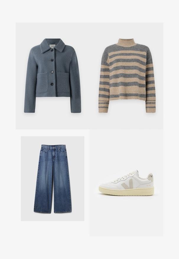 Blue-gray textured wool jacket with a wide collar, front button closure, and two large patch pockets, displayed on a white background.; Striped knit sweater featuring gray and beige colors, high neck, wide cuffed sleeves, and a relaxed fit with a cropped design.; Wide-leg blue denim jeans with a faded finish, featuring a button and zipper closure, five pockets, and belt loops.; White leather sneaker with beige suede accents, perforated toe box, flat laces, and a textured cream sole. Features subtle branding on heel.